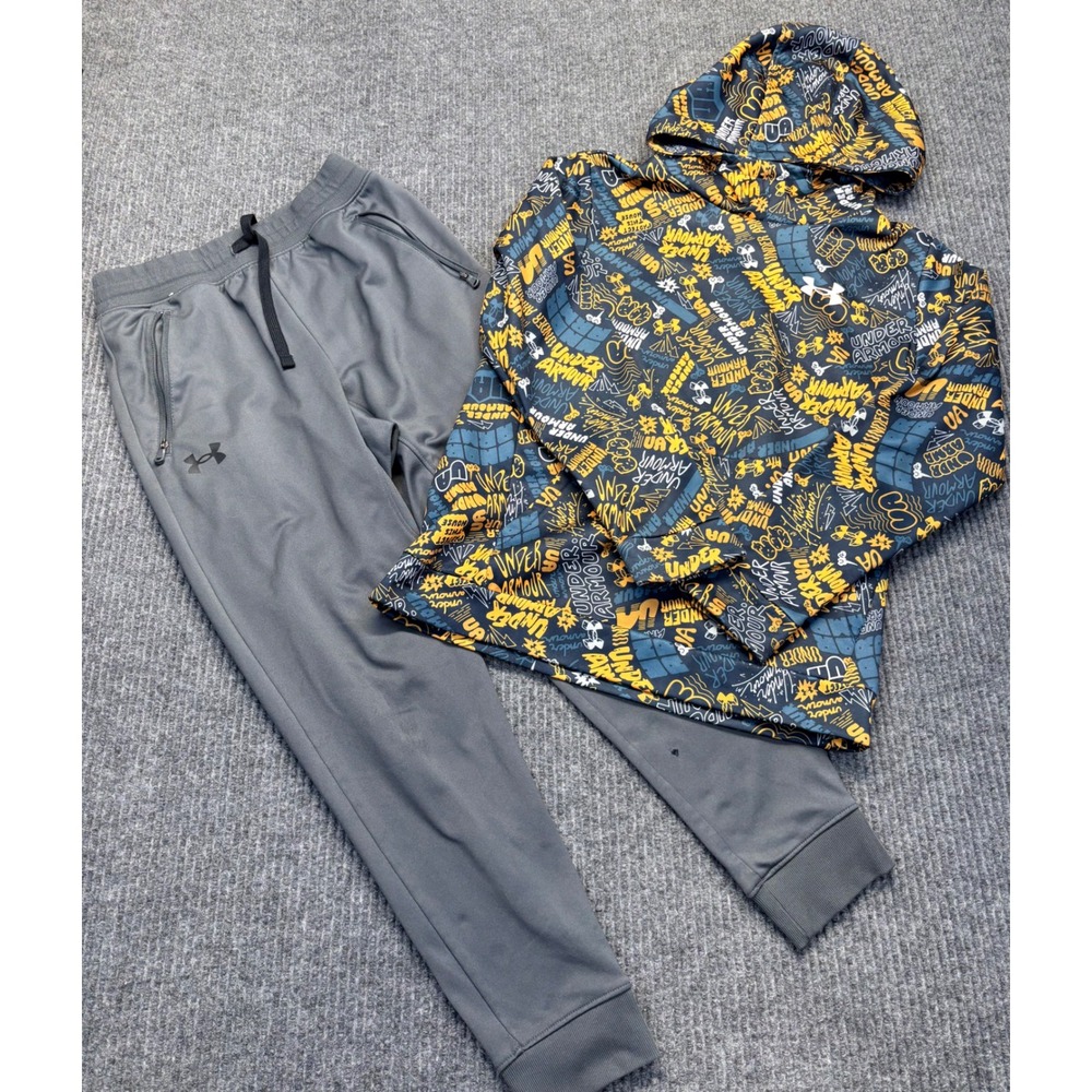 Under Armour Boys Hoodie and Joggers Set Gray Blue Yellow Logo Print YMD Size M
